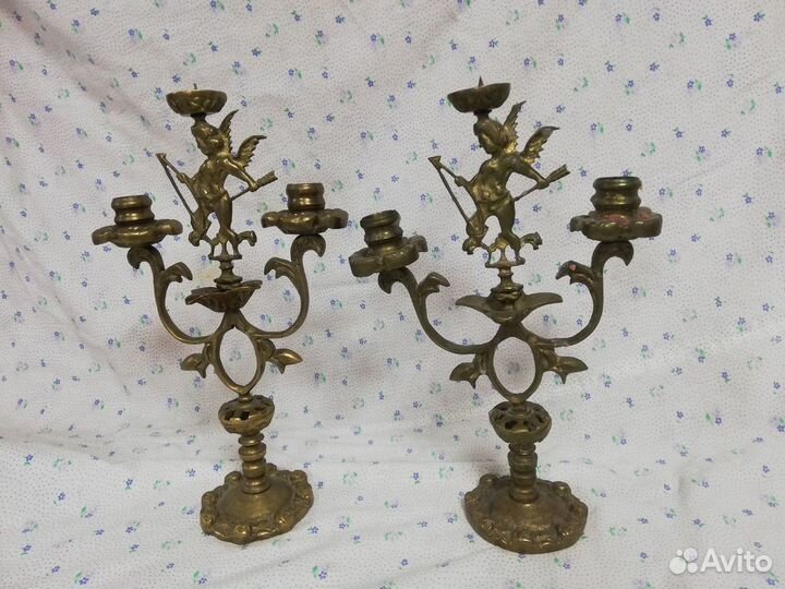 Старинные канделябры Амуры Купидоны Бронза пара