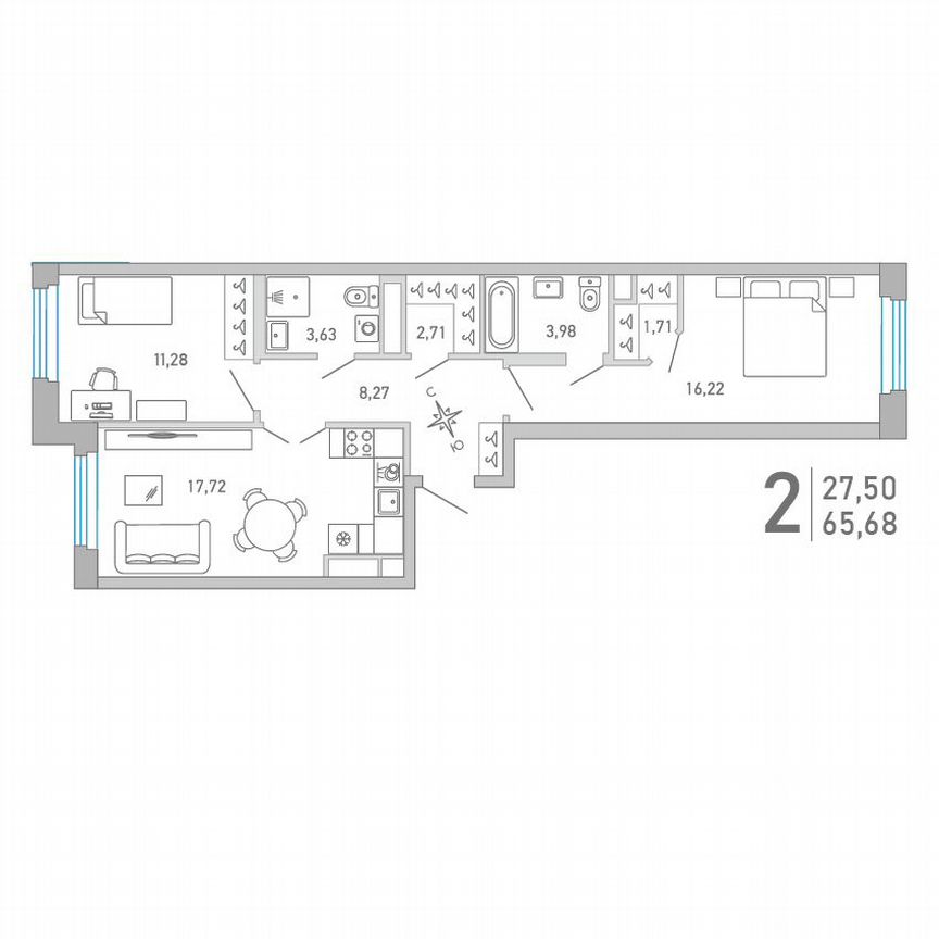 2-к. квартира, 65,7 м², 4/10 эт.