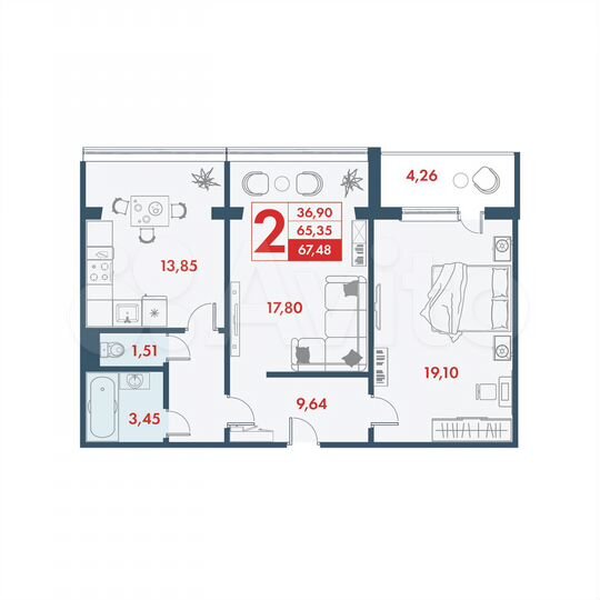 2-к. квартира, 67,5 м², 10/10 эт.