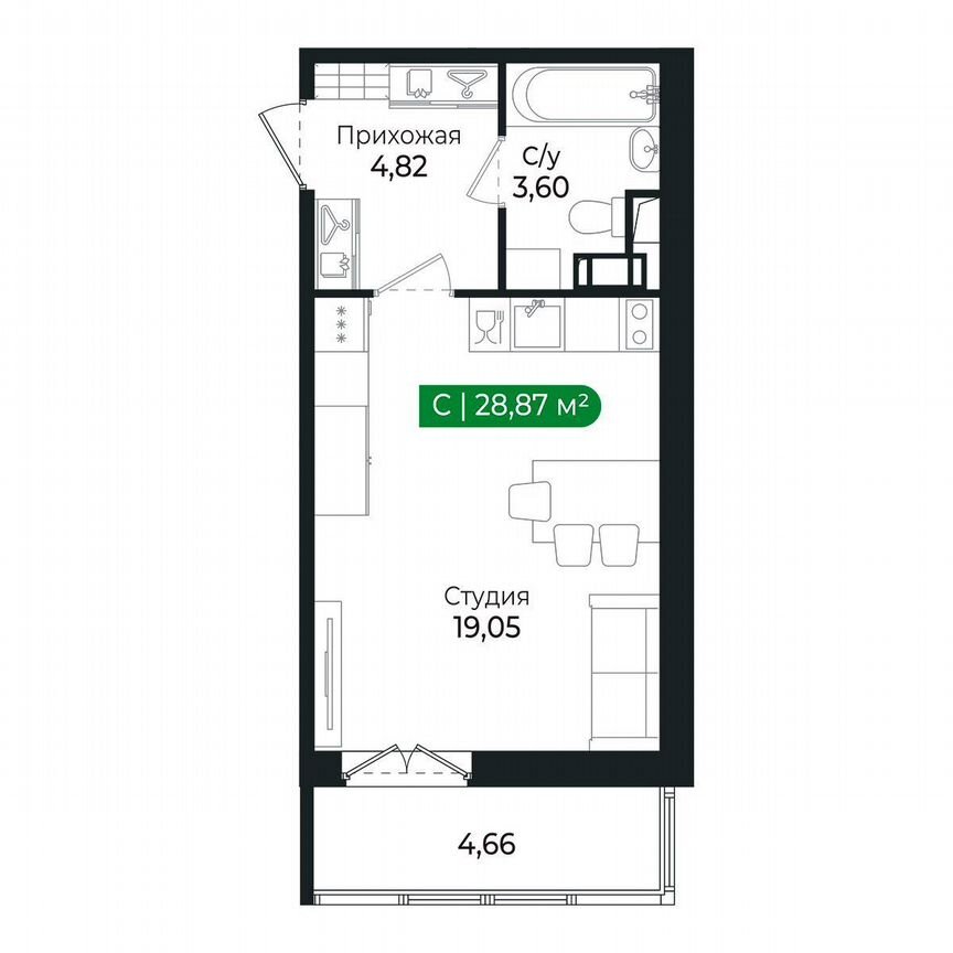 Квартира-студия, 28,9 м², 8/8 эт.