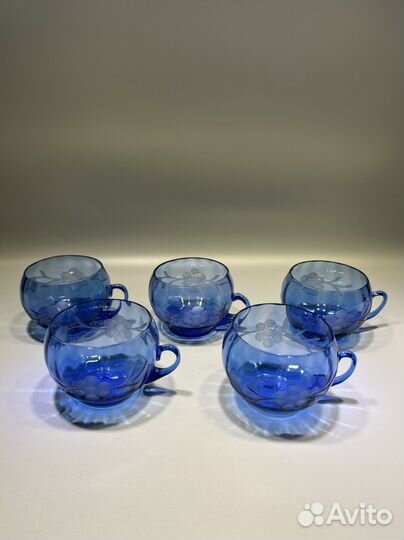 Набор для крюшона. Чаша и 5 чашек. Синее стекло