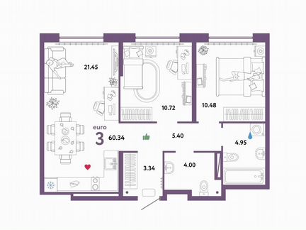 2-к. квартира, 60,5 м², 3/11 эт.