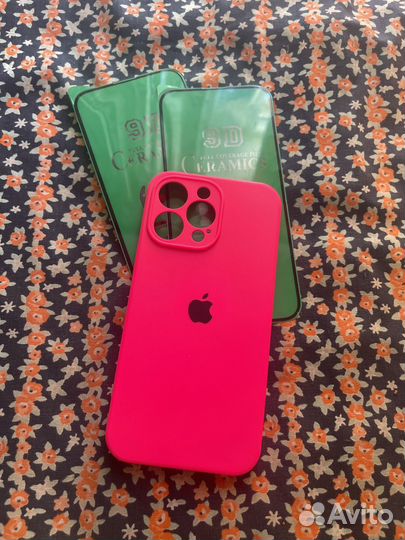 iPhone 14 pro max розовый чехол и стекло 2