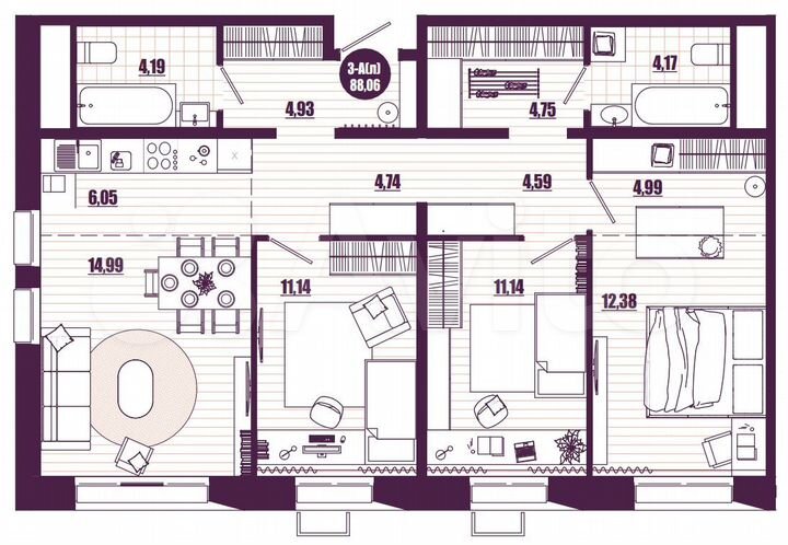 3-к. квартира, 88,1 м², 11/16 эт.