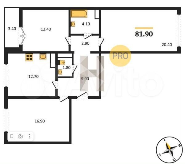 3-к. квартира, 81,9 м², 3/15 эт.