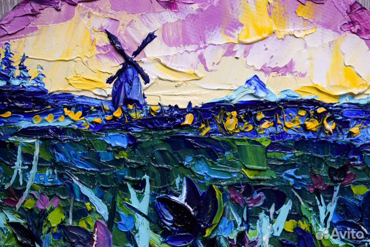 Картина маслом на холсте Синие тюльпаны импасто