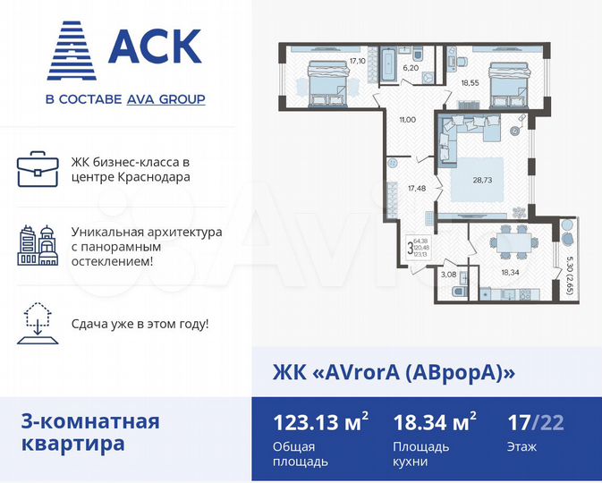 3-к. квартира, 123,1 м², 17/22 эт.