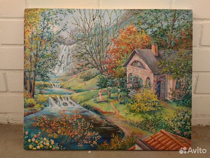 Картина маслом 50х60 см,Осень в горах с водопадом