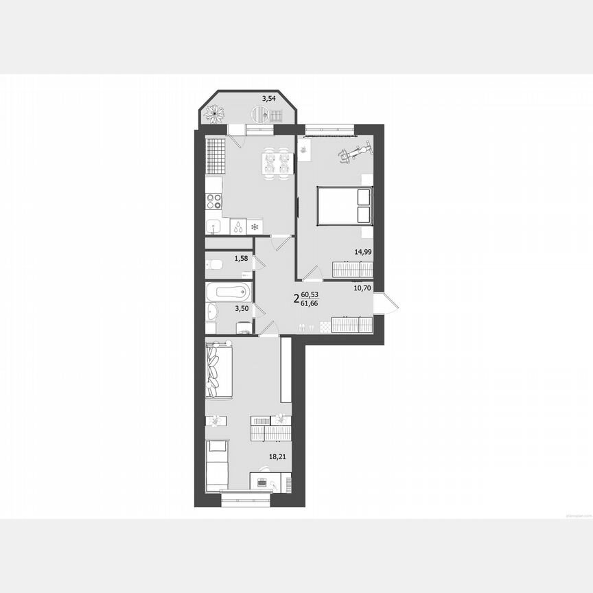 2-к. квартира, 61,4 м², 6/9 эт.