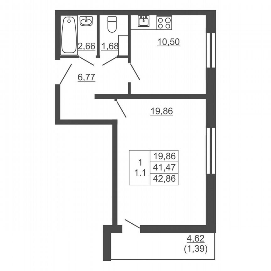 1-к. квартира, 42,9 м², 15/16 эт.