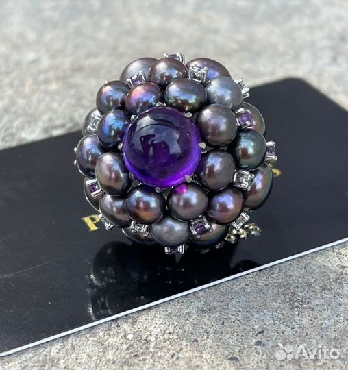 Кольцо из белого золота 750 с бриллиантами и жемчу