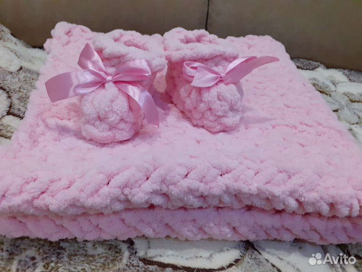 Новый вязаный Плед+пинетки