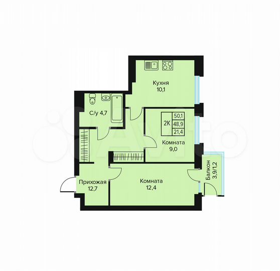 2-к. квартира, 50,1 м², 4/10 эт.