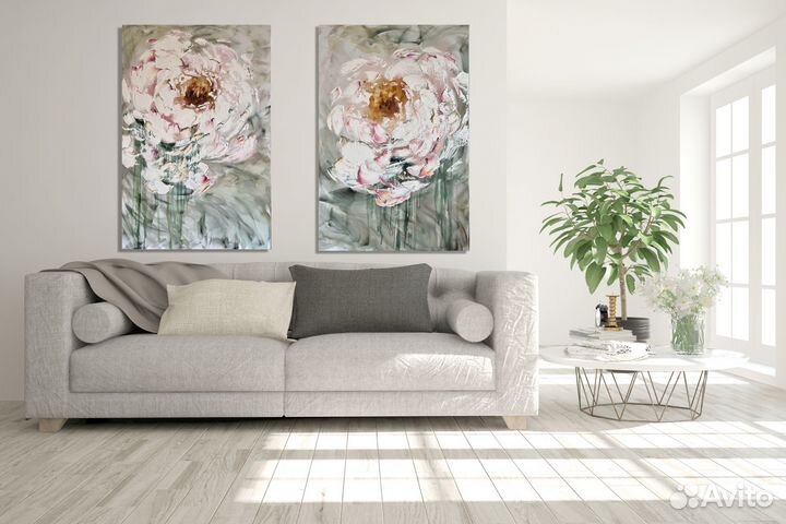 Интерьерные Огромные Белые Пионы на холсте