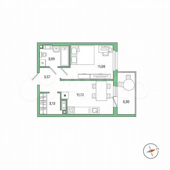 1-к. квартира, 35,1 м², 6/9 эт.