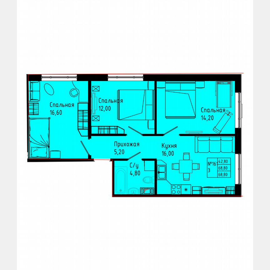 3-к. квартира, 68,8 м², 1/8 эт.