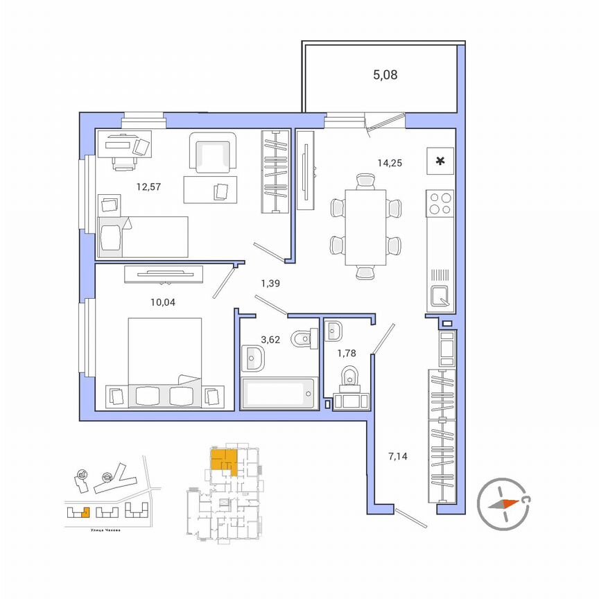 2-к. квартира, 52,4 м², 1/9 эт.