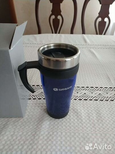 Термокружка, логотип бинбанк, новая, с крышкой