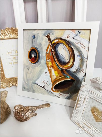 Картина натюрморт музыкальный труба ноты живопись