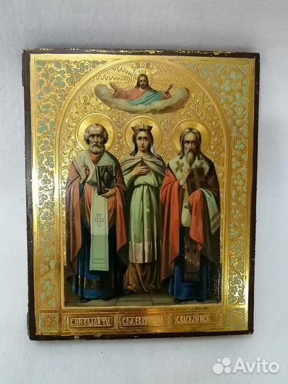 Икона Святой Николай, Екатерина и Василий.Живопись