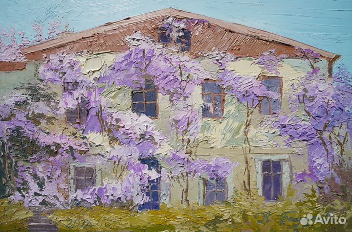 Картина маслом на холсте пейзаж с глицинией