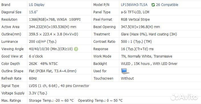 Матрица ноутбук LG LP156WH3-tlsa DNS 0804317 Clevo