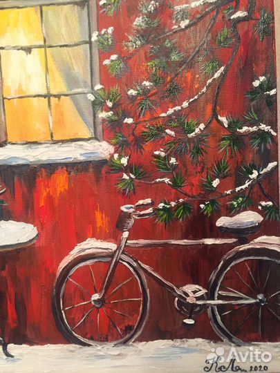 Картина маслом Зимний пейзаж с велосипедом