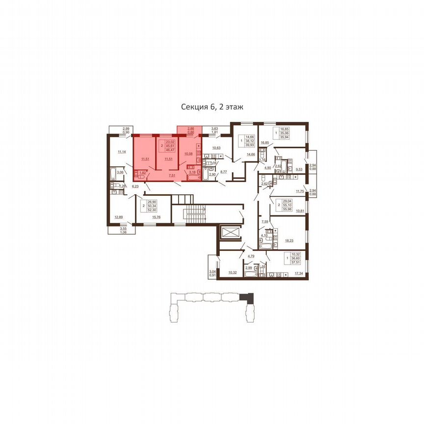 2-к. квартира, 46,5 м², 3/6 эт.