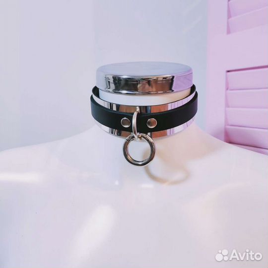 Чокер ошейник зеркальный с кольцом кожаный на вече