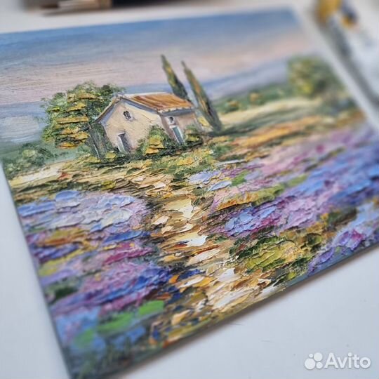 Картина маслом пейзаж Прованс лаванда цветы дом