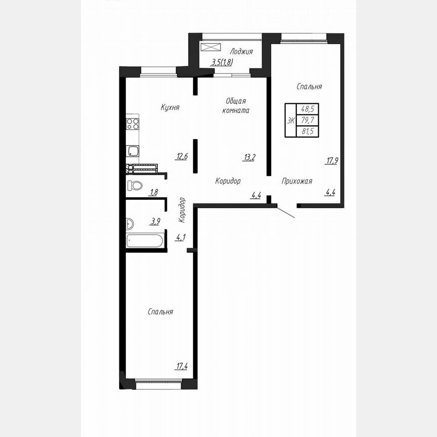 3-к. квартира, 81,5 м², 12/17 эт.