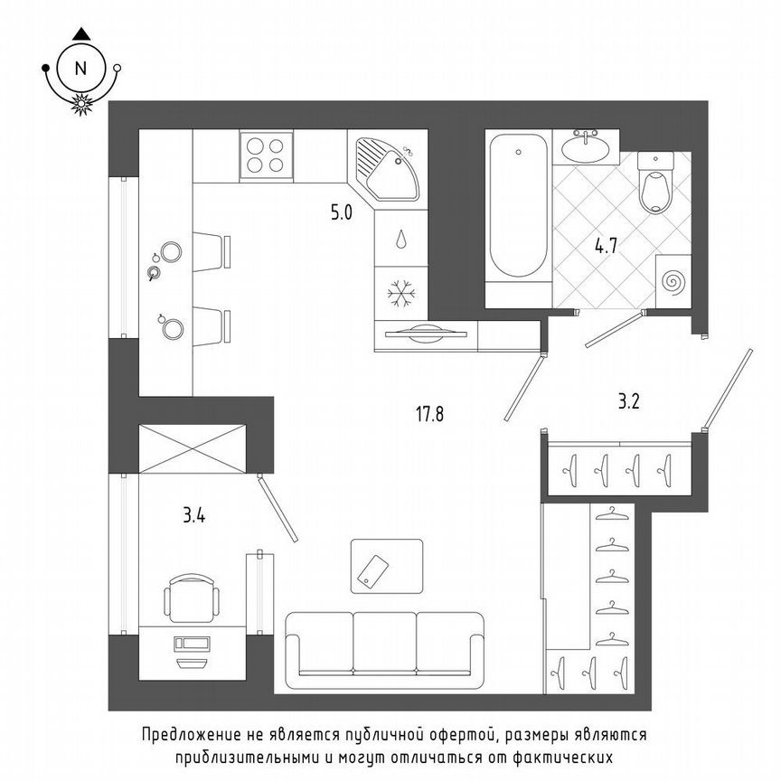 Квартира-студия, 32,4 м², 17/18 эт.