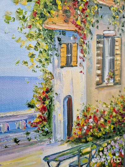 Картина маслом пейзаж морской цветы дом 24х30см