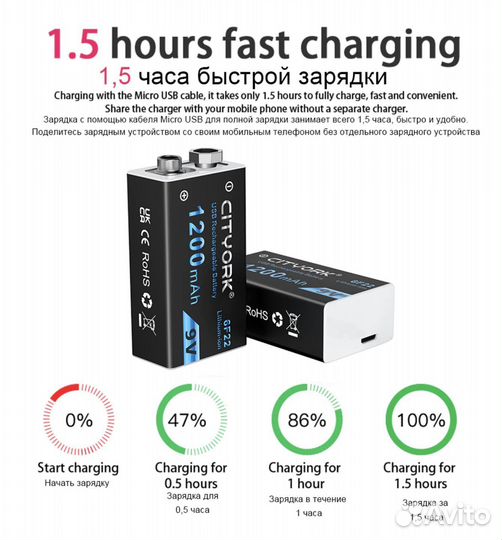 Аккумуляторная батарея 6F22 9В 1200 мАч, крона 9 В