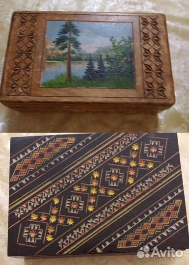 Деревянная резная шкатулка и с пейзажем винтаж