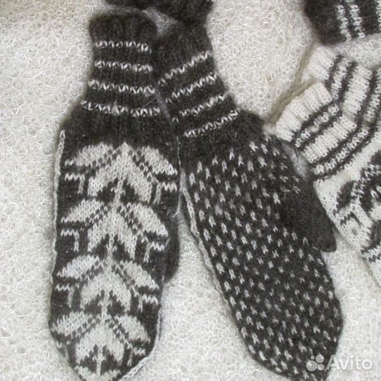 Варежки пуховые (ручная вязка узорами жаккарда)