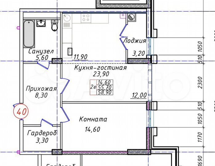 2-к. квартира, 58,9 м², 5/8 эт.
