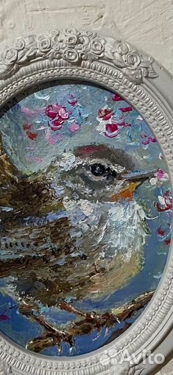 Миниатюра маслом. Птичка в саду