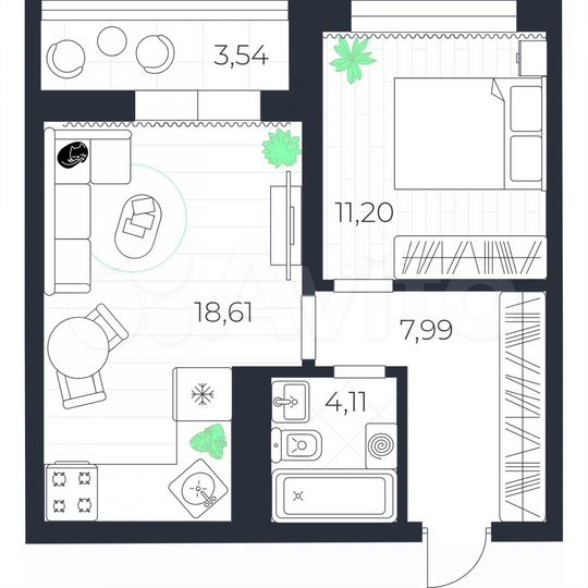 1-к. квартира, 44,5 м², 11/14 эт.