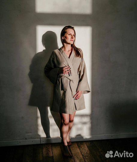 Кимоно изо льна мини в жемчужном цвете, S-L