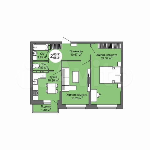 2-к. квартира, 68,2 м², 12/17 эт.