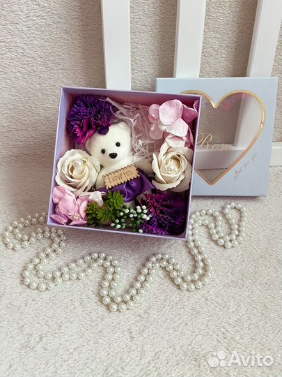 Подарочный набор, мыльные цветы и мишка