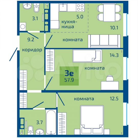3-к. квартира, 57,9 м², 4/10 эт.