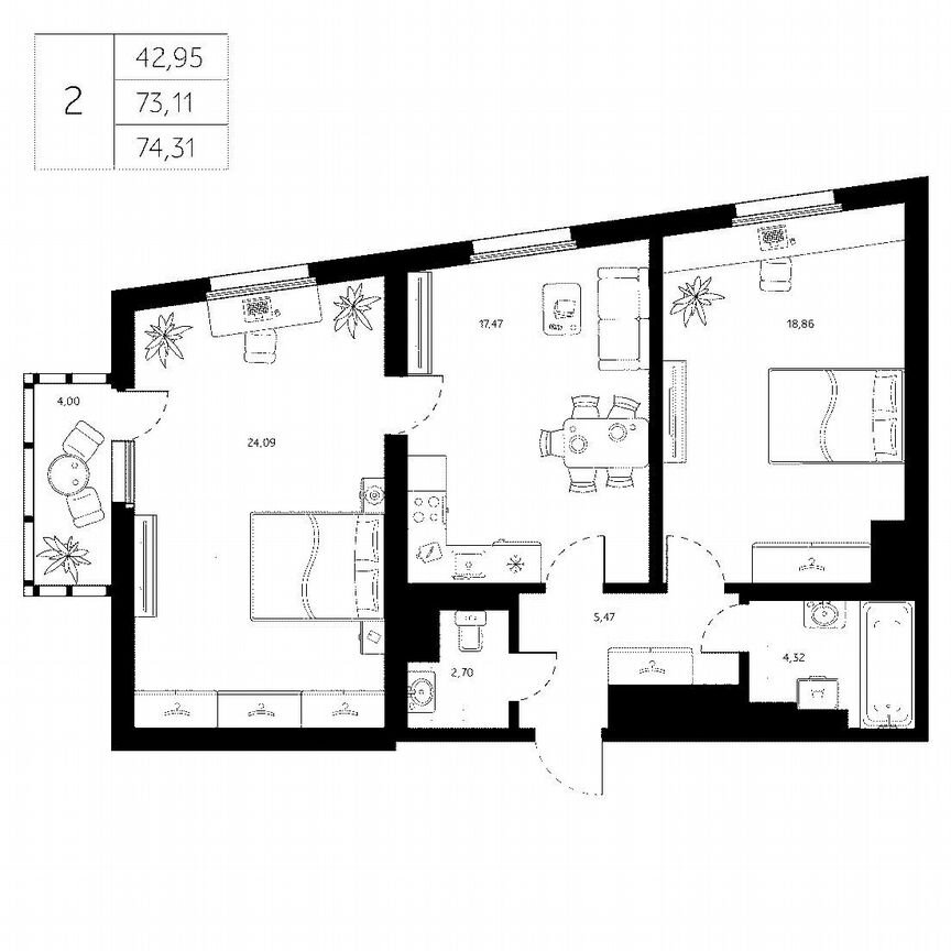 2-к. квартира, 73,1 м², 7/8 эт.
