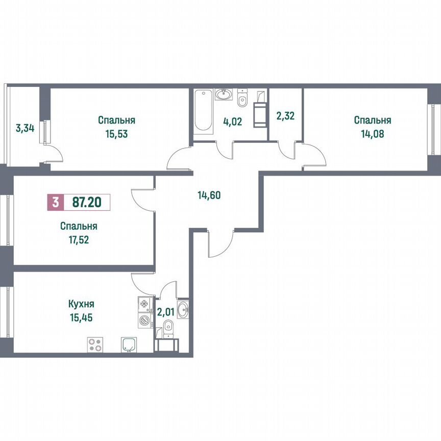 3-к. квартира, 87,2 м², 13/16 эт.