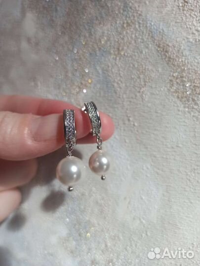 Серьги мишки халцедон Сваровски жемчуг