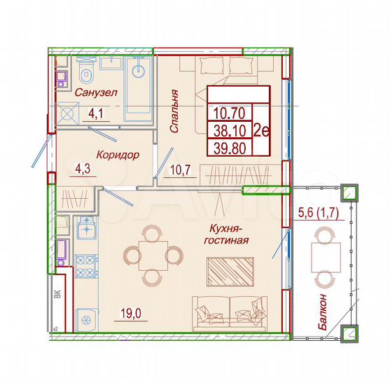 1-к. квартира, 39,8 м², 1/6 эт.