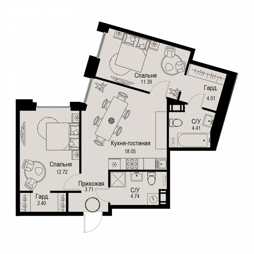 2-к. квартира, 61,4 м², 3/6 эт.