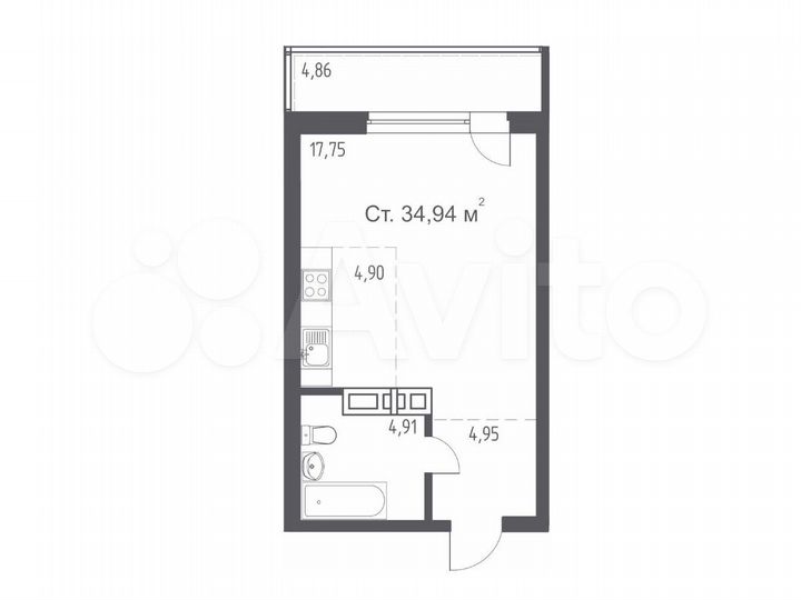 Квартира-студия, 34 м², 19/25 эт.