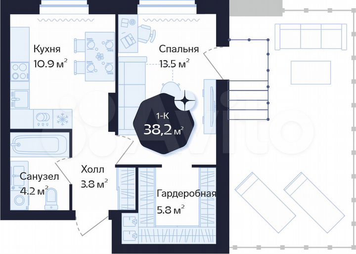 1-к. квартира, 38,2 м², 1/16 эт.